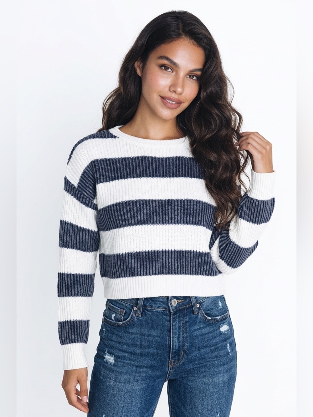 Free People Navy and White Striped Ribbed Crewneck Sweater